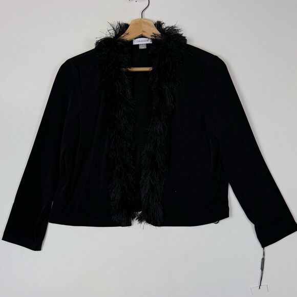 Calvin Klein Black Cropped Stretchy Slinky Fringe Cardigan Women's Medium NEW - Picture 1 of 7